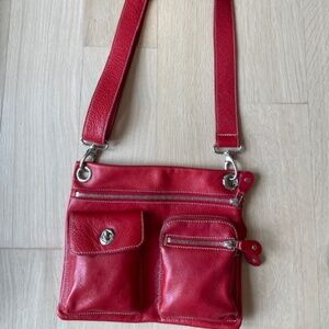 Roots Canada Classic Villager Leather Crossbody Bag Purse (in Red)